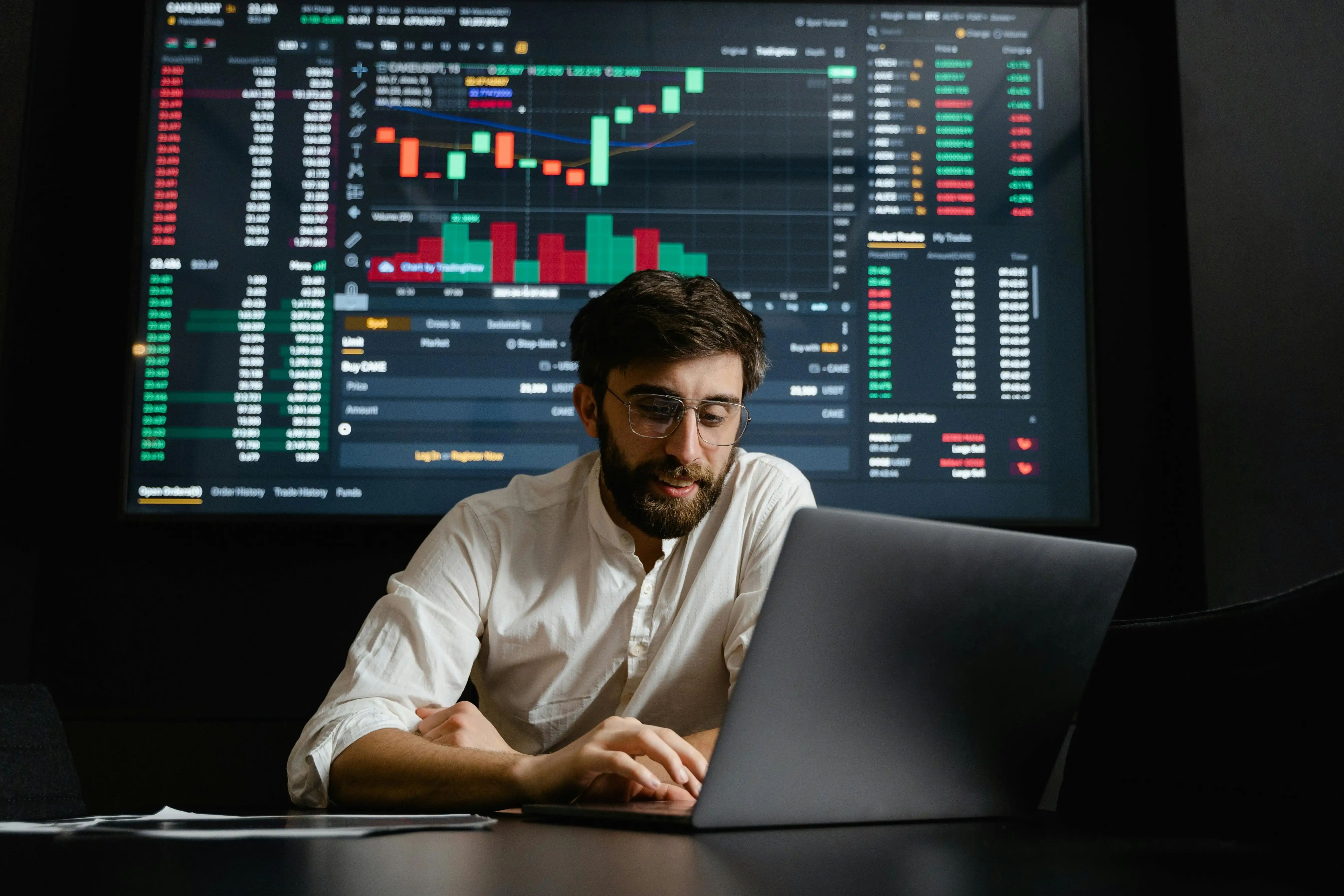Person analyzing crypto data or exploring blockchain platforms on a digital device